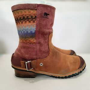 SOREL Women Winter Snow Pull-On Brown Leather BOHO Mid-Calf Boots Size 10.5